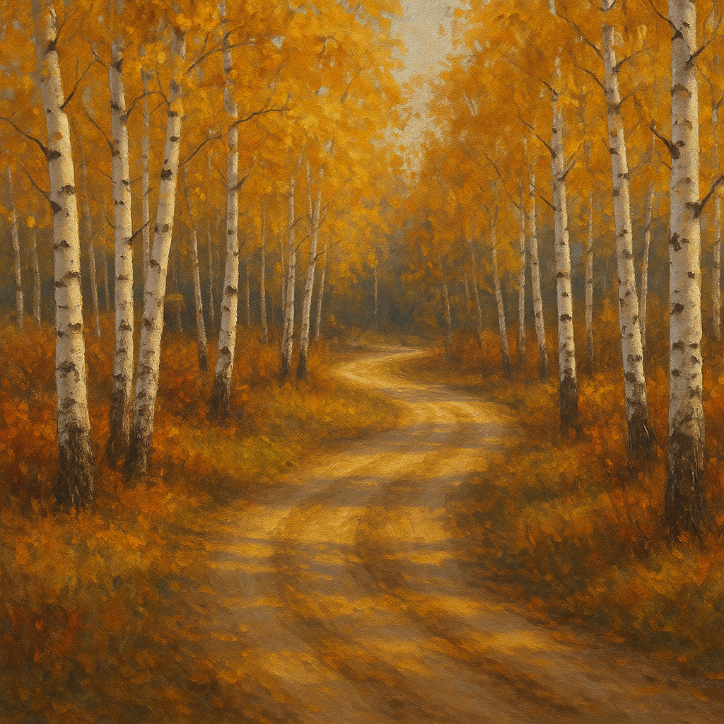 Winding Country Dirt Road through Birch Glade No. 7 Fine Art Oil Painting - View 1