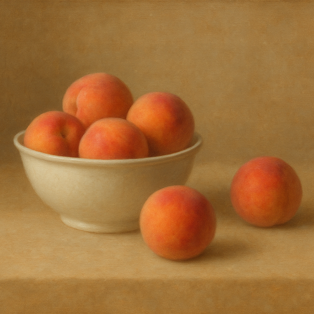 Heirloom Peaches & White Ceramic Bowl Oil Painting - View 1