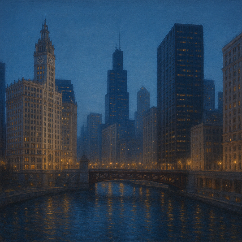 Chicago Riverfront Architecture at Blue Hour No. 22 Oil Painting - View 1