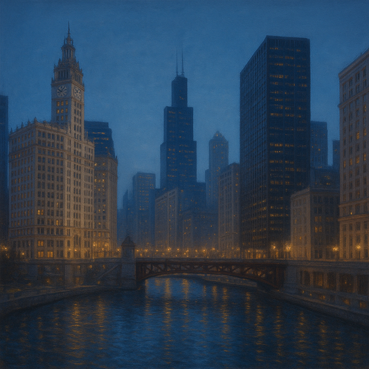 Chicago Riverfront Architecture at Blue Hour No. 22 Oil Painting - View 1