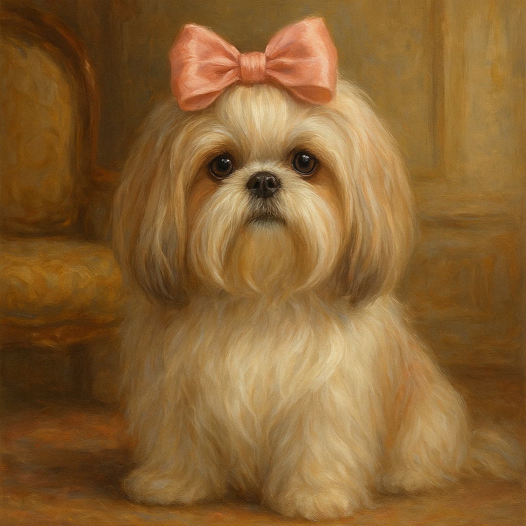 Sweet Shih Tzu with Silk Bow in Parlor No. 8 Fine Art Oil Painting - View 1