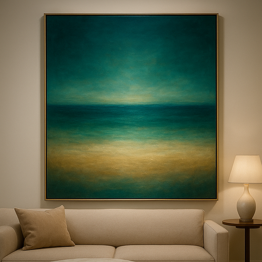 Peacock Teal & Champagne Gold Horizon Oil Painting 100% Hand Painted Oil on Belgian Linen Canvas, Original Fine Art Wall Decor