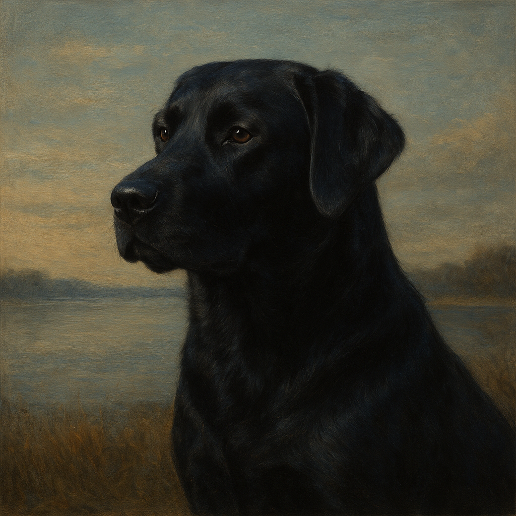 Black Labrador Retriever by Misty Lake Horizon No. 15 Fine Art Oil Painting - View 1