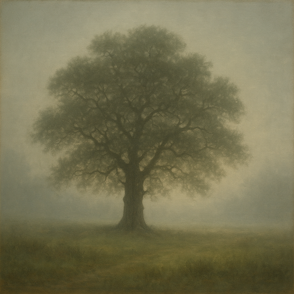 Ancient Solitary Oak in Morning Fog No. 4 Oil Painting - View 1