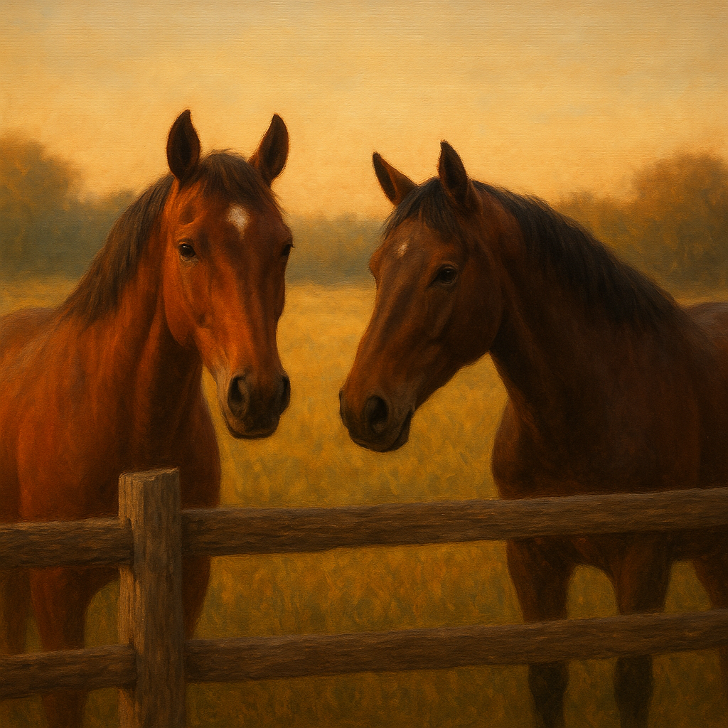 Two Horses at Rustic Post & Rail Fence No. 3 Oil Painting - View 1