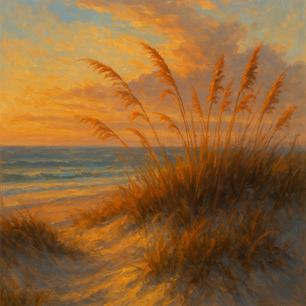 Golden Hour Coastal Dune Grasses Oil Painting - View 1