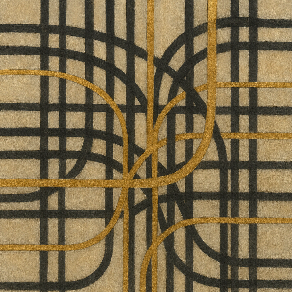 Abstract Woven Line Matrix in Charcoal & Gold No. 11 Fine Art Oil Painting - View 1