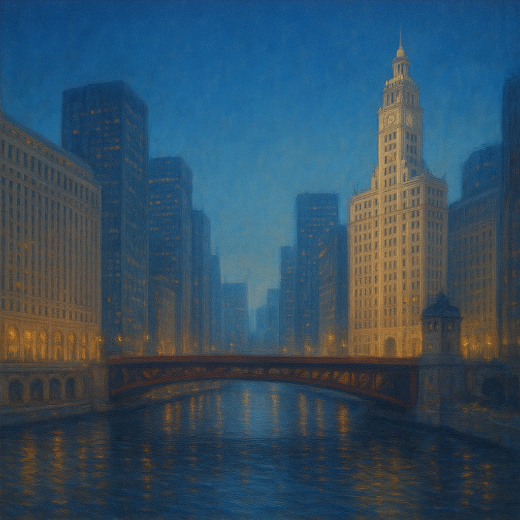 Chicago Riverfront Architecture at Blue Hour No. 8 Oil Painting - View 1