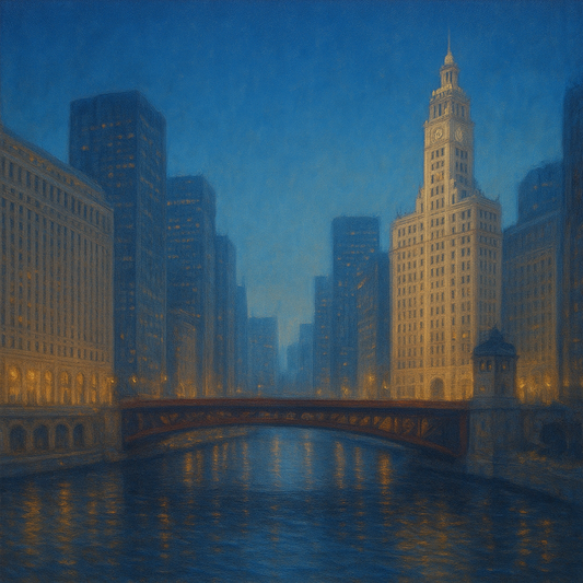 Chicago Riverfront Architecture at Blue Hour No. 8 Oil Painting - View 1