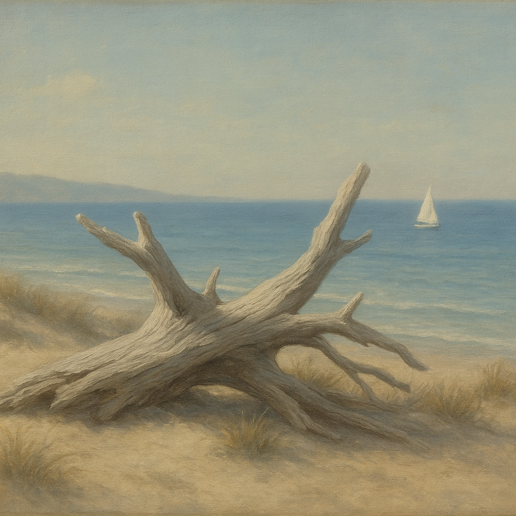 Sun-Bleached Driftwood & Distant Sailboat No. 6 Oil Painting - View 1