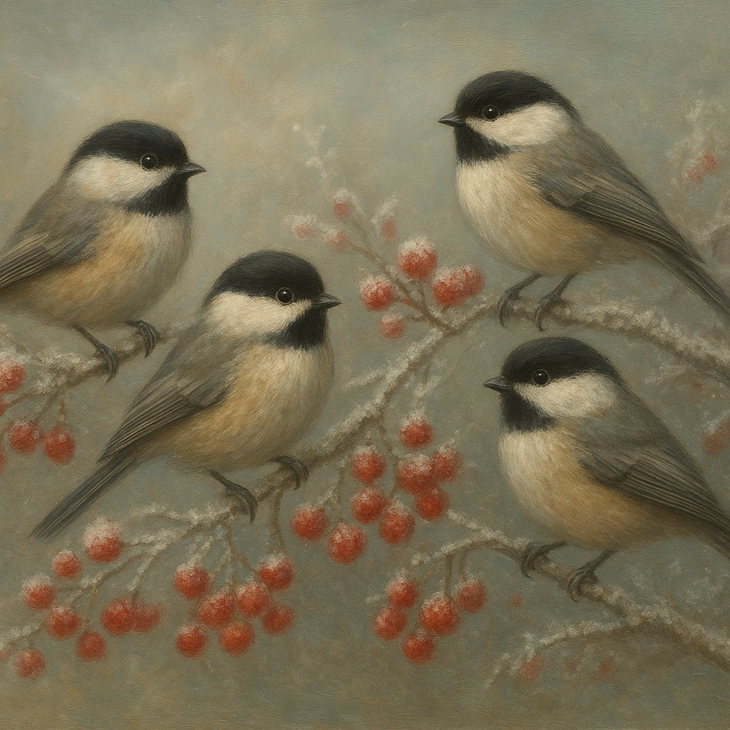 Winter Birds on Frosty Red Berry Branch No. 4 Oil Painting - View 1