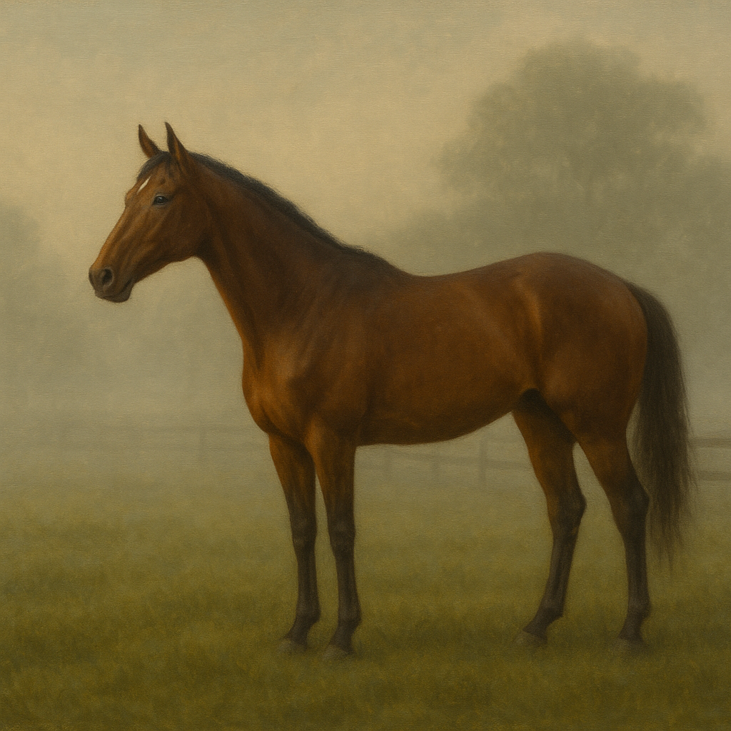 Thoroughbred in Morning Pasture Mist No. 3 Oil Painting - View 1