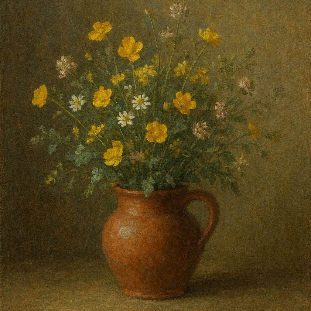 Vintage Meadow Wildflowers in Earthenware Jar No. 12 Fine Art Oil Painting - View 1