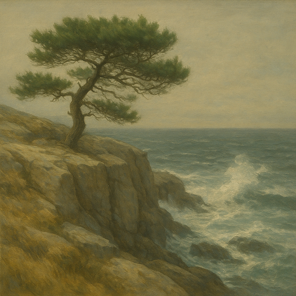 Wild Coastal Pine on Stormy Granite Cliff No. 13 Oil Painting - View 1