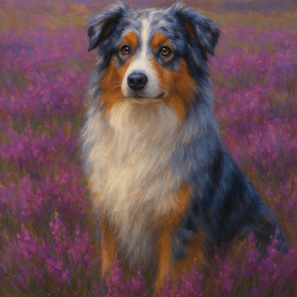 Australian Shepherd in Blooming Heather Field No. 15 Fine Art Oil Painting - View 1