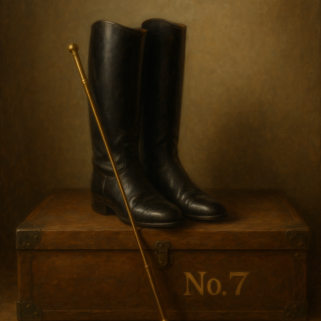 Vintage Riding Boots & Brass Crop on Trunk No. 7 Oil Painting - View 1