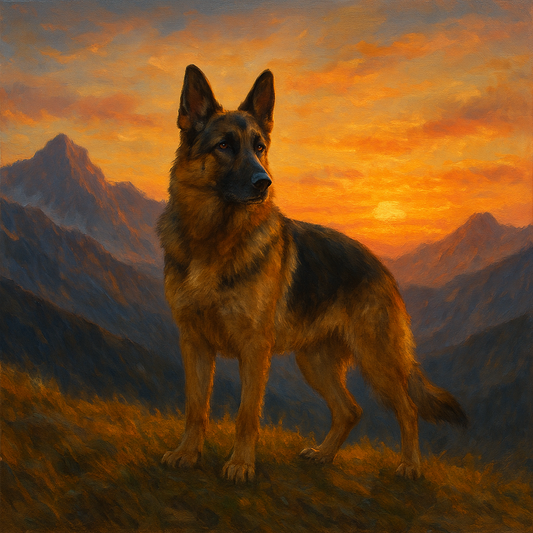 German Shepherd Standing in Alpine Sunset No. 13 Fine Art Oil Painting - View 1