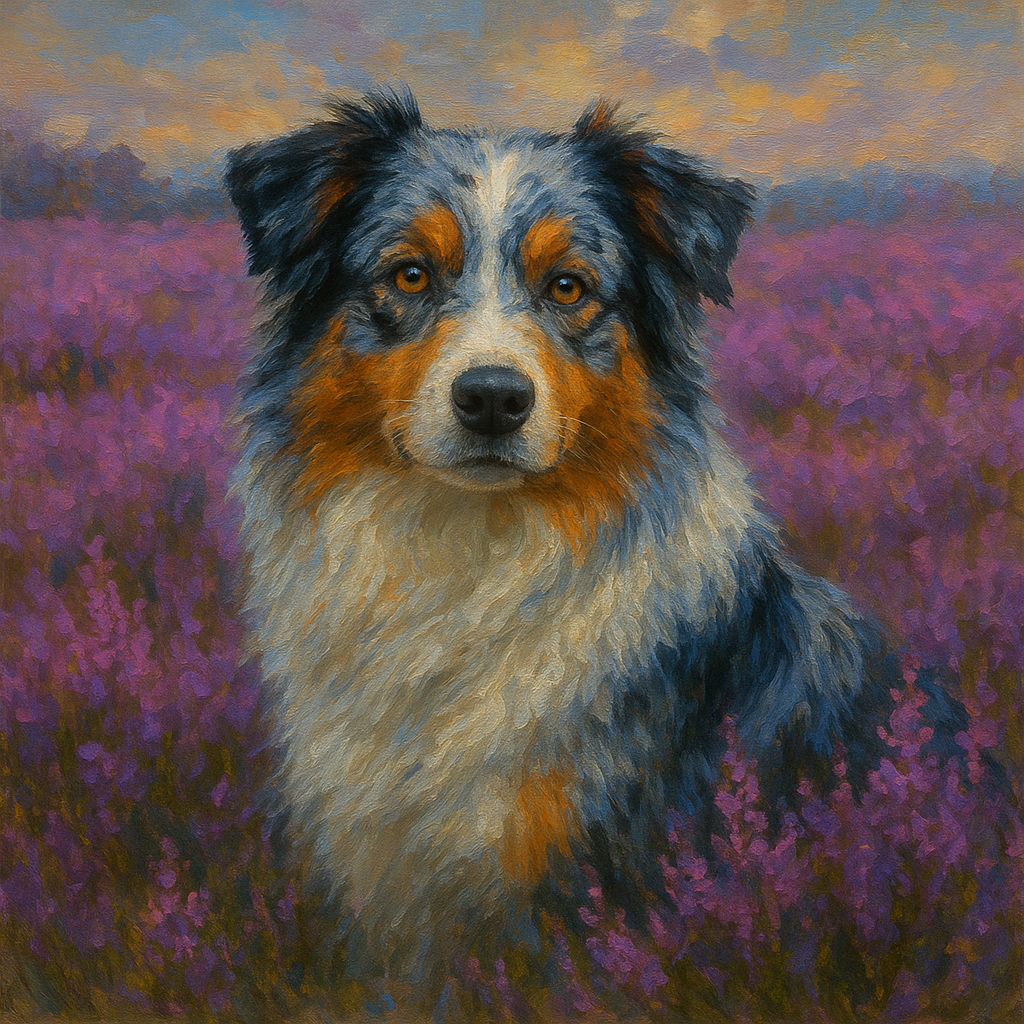 Australian Shepherd in Blooming Heather Field No. 16 Fine Art Oil Painting - View 1
