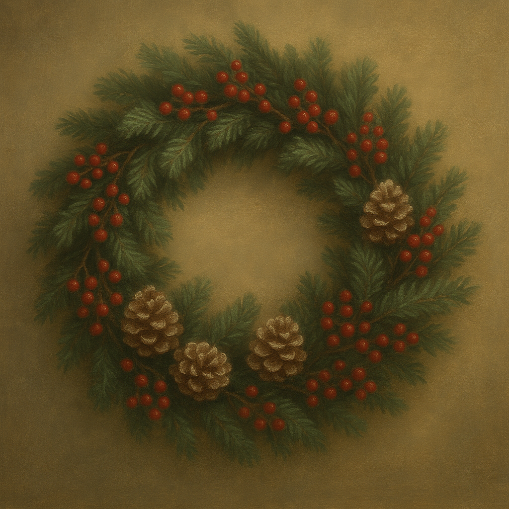 Vintage Holiday Botanical Wreath & Berries No. 6 Oil Painting - View 1