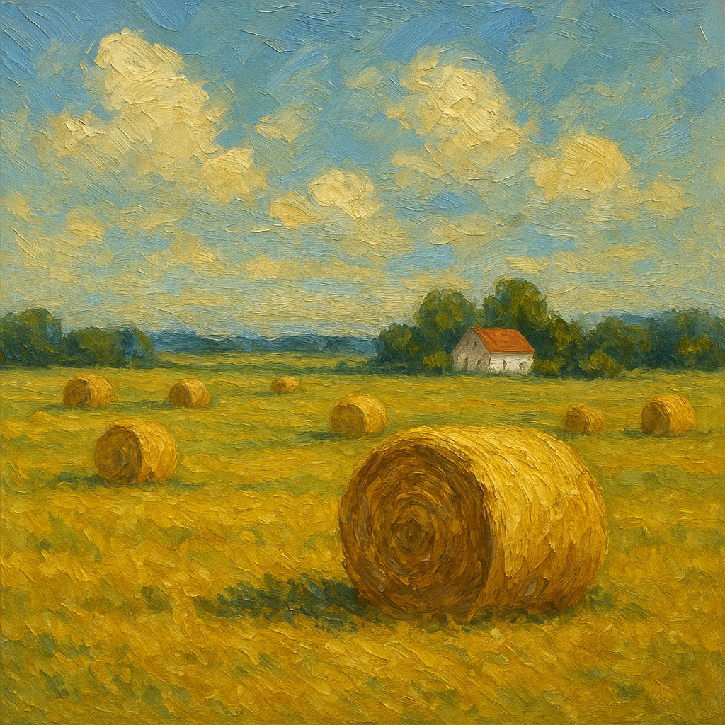 Rolling Meadow Hay Bales Horizon Oil Painting - 100% Hand-Painted Master Oil Painting