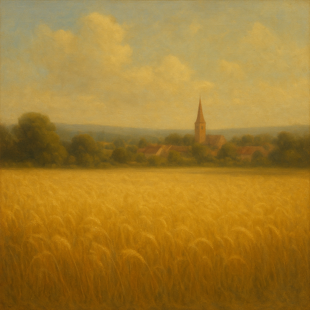 Sun-Drenched Wheatfield & Distant Village Oil Painting - View 1