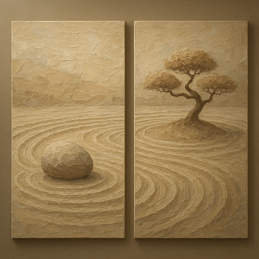 Japandi Zen Garden Diptych No. 2 Oil Painting - 100% Hand-Painted Master Oil Painting