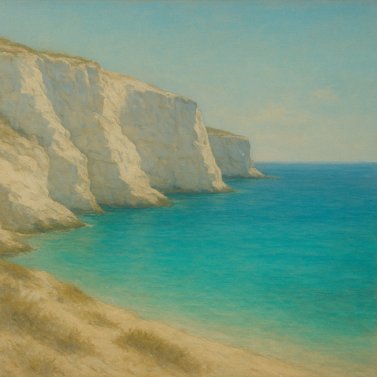 Mediterranean White Cliffs & Turquoise Cove No. 19 Oil Painting - View 1