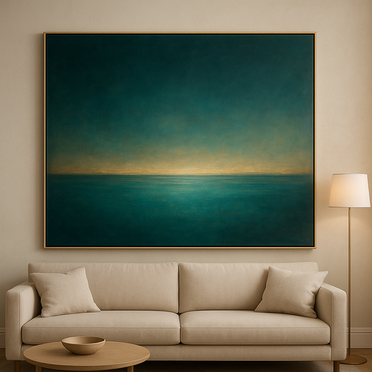 Peacock Teal & Champagne Gold Horizon No. 9 Oil Painting 100% Hand Painted Oil on Belgian Linen Canvas, Original Fine Art Wall Decor