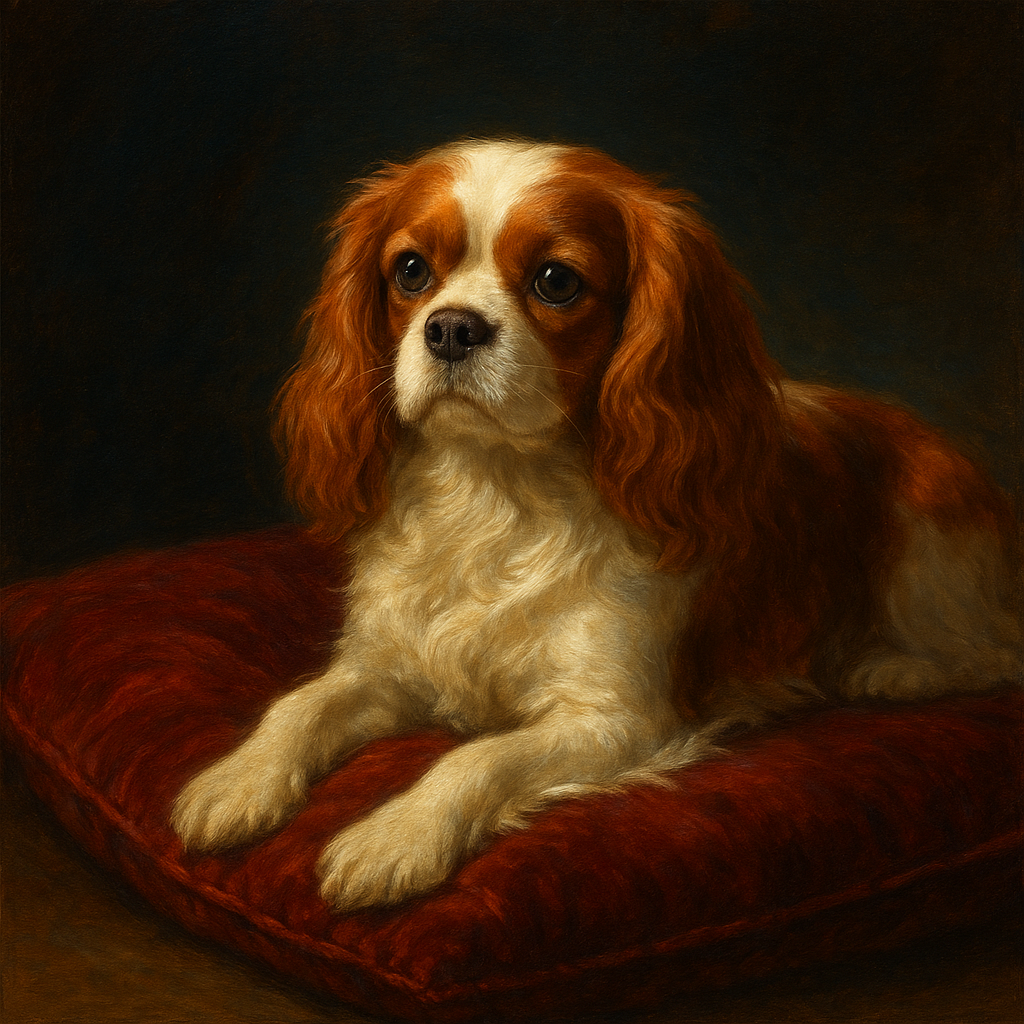 Cavalier King Charles Spaniel on Velvet Cushion No. 4 Fine Art Oil Painting - View 1