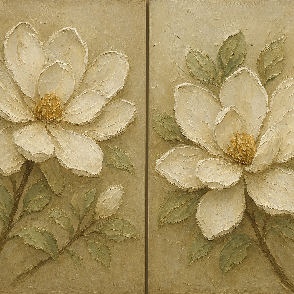 Sculptural Magnolia Diptych Blooms No. 2 Oil Painting - 100% Hand-Painted Master Oil Painting