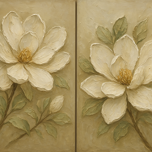 Sculptural Magnolia Diptych Blooms No. 2 Oil Painting - 100% Hand-Painted Master Oil Painting
