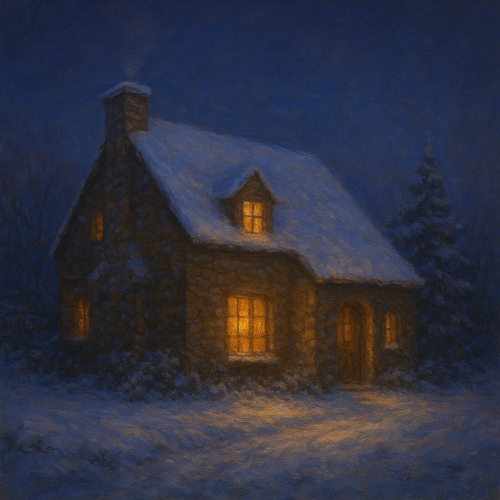 Snow-Dusted Stone Cottage at Twilight Oil Painting - View 1