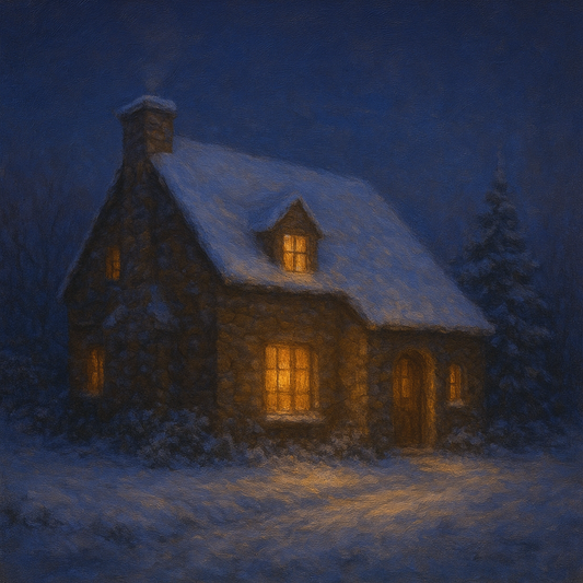 Snow-Dusted Stone Cottage at Twilight Oil Painting 100% Hand Painted Oil on Belgian Linen Canvas, Original Fine Art Wall Decor