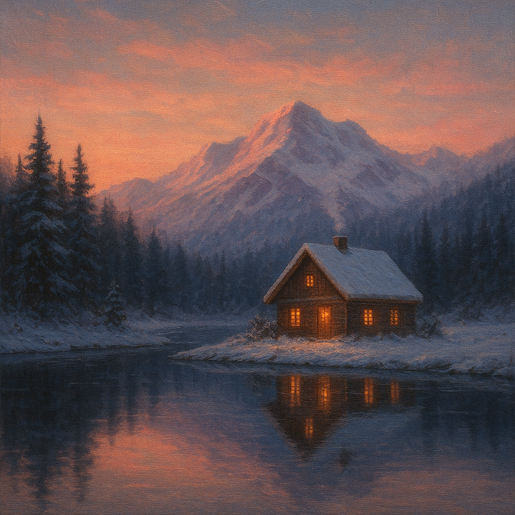 Winter Solstice Mountain Cabin Reflection No. 9 Oil Painting - View 1