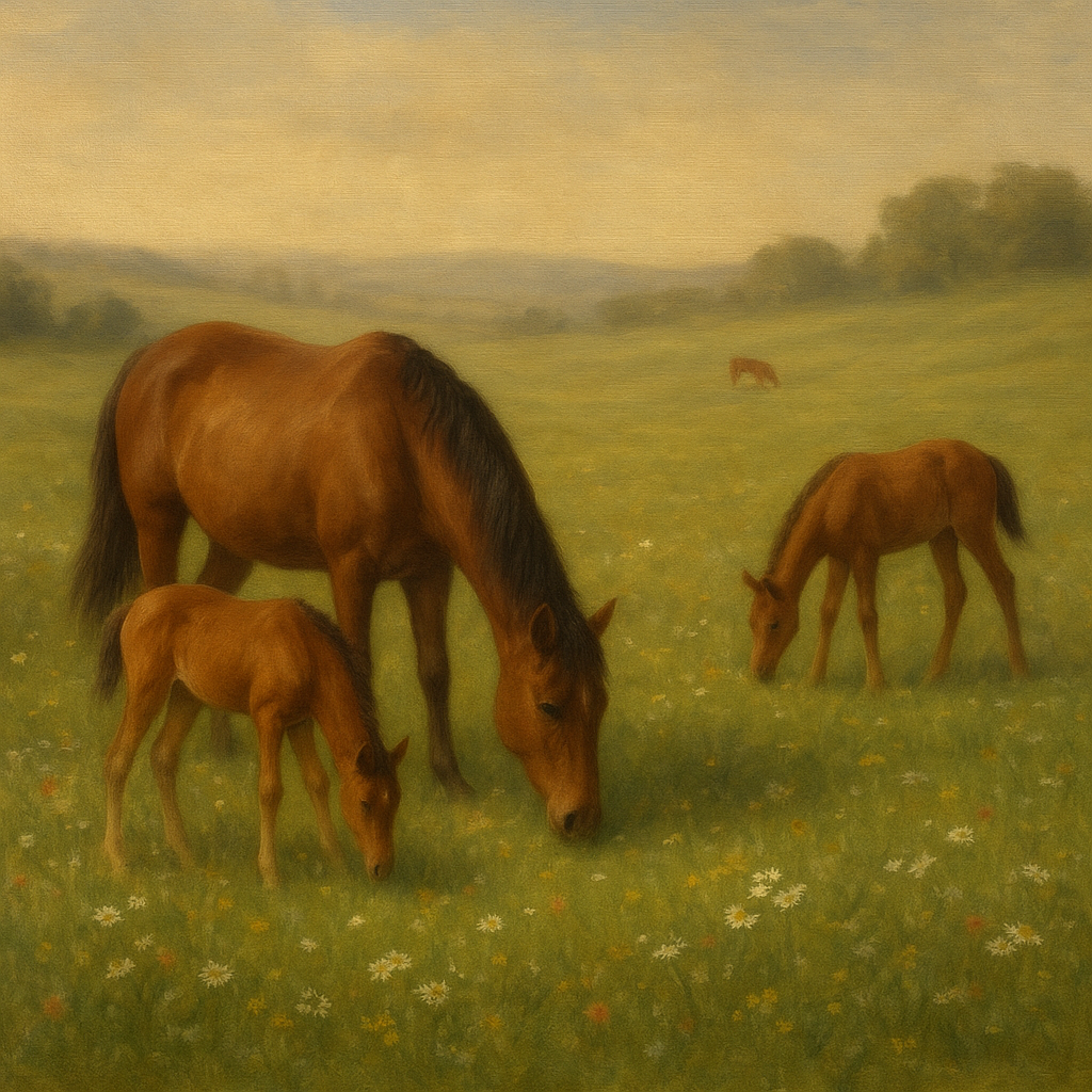 Mares & Foals Grazing in Rolling Meadow No. 9 Oil Painting - View 1