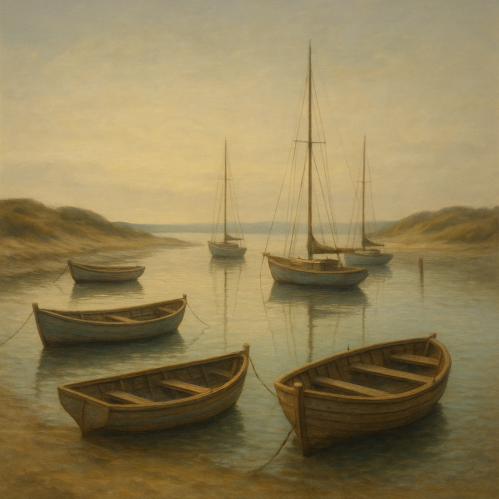 Quiet Fishing Harbor at Morning Low Tide No. 12 Oil Painting 100% Hand Painted Oil on Belgian Linen Canvas, Original Fine Art Wall Decor