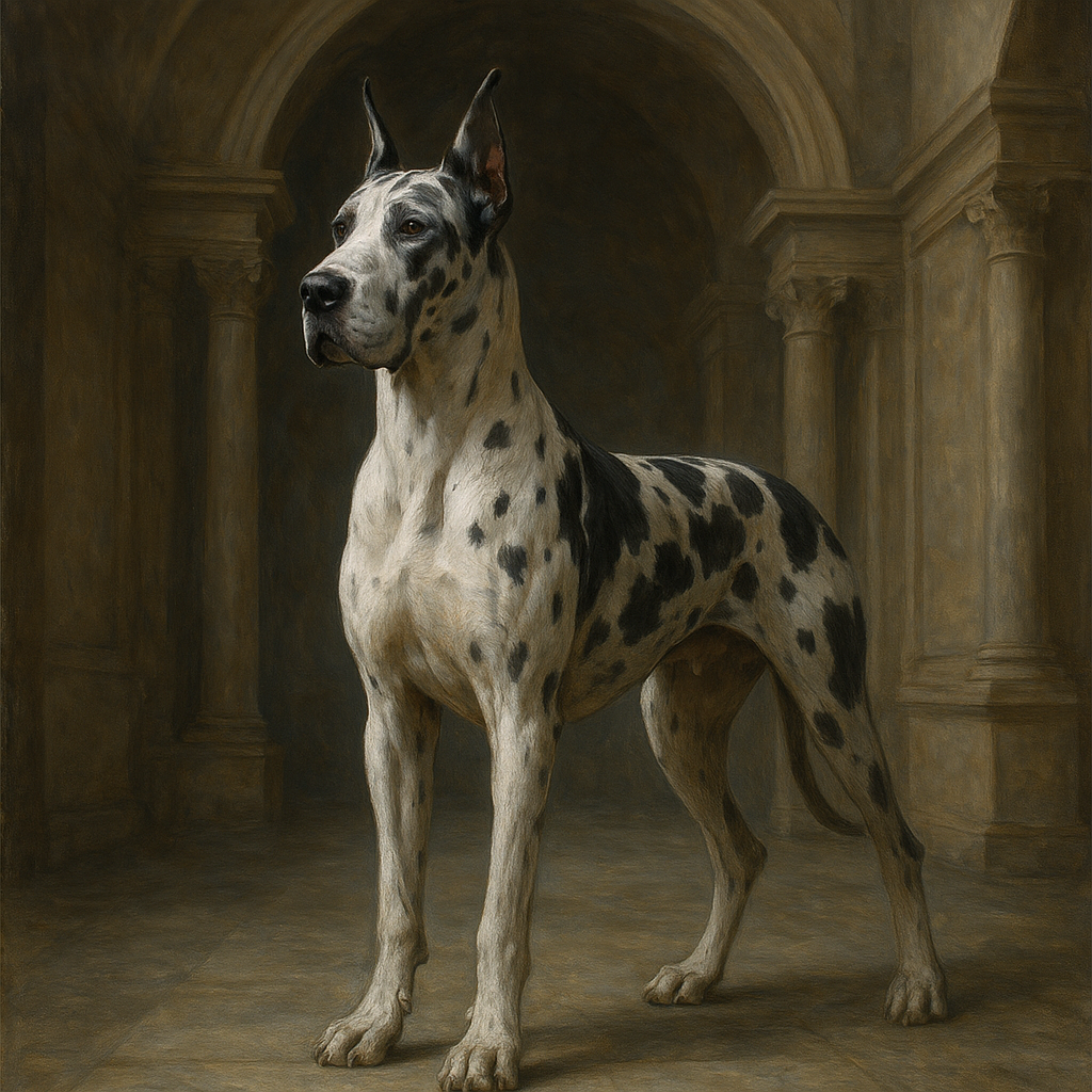 Regal Great Dane in Grand Architectural Hall No. 3 Fine Art Oil Painting - View 1