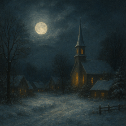 Moonlight Over Snowy Village Steeple No. 9 Oil Painting - View 1