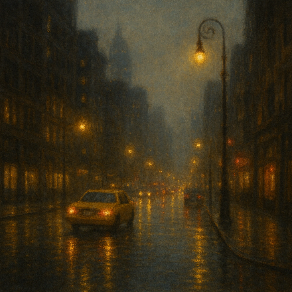 Rain-Drenched Manhattan Avenue Lights No. 11 Oil Painting - View 1