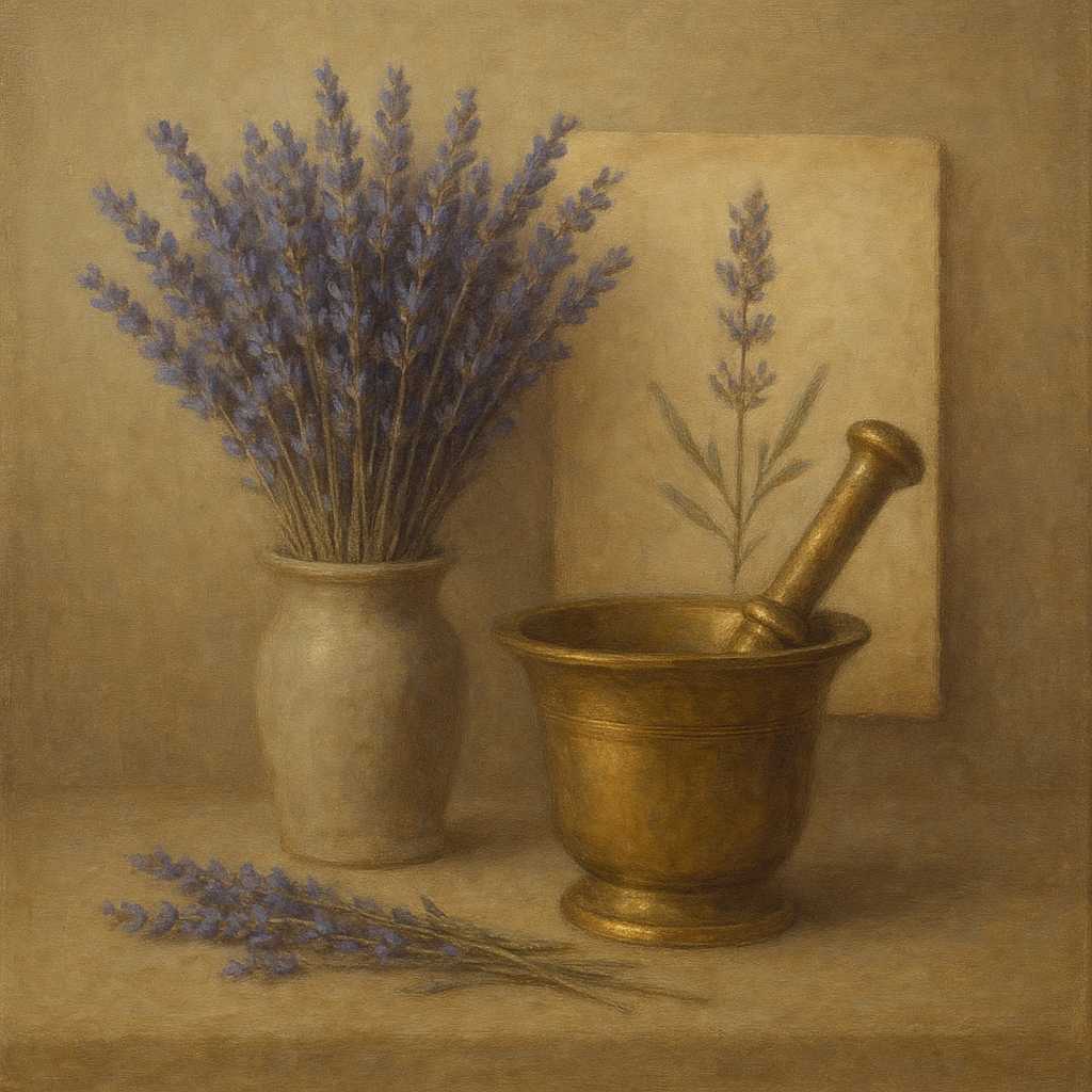 Lavender Herbarium & Mortar Study No. 4 Oil Painting - View 1