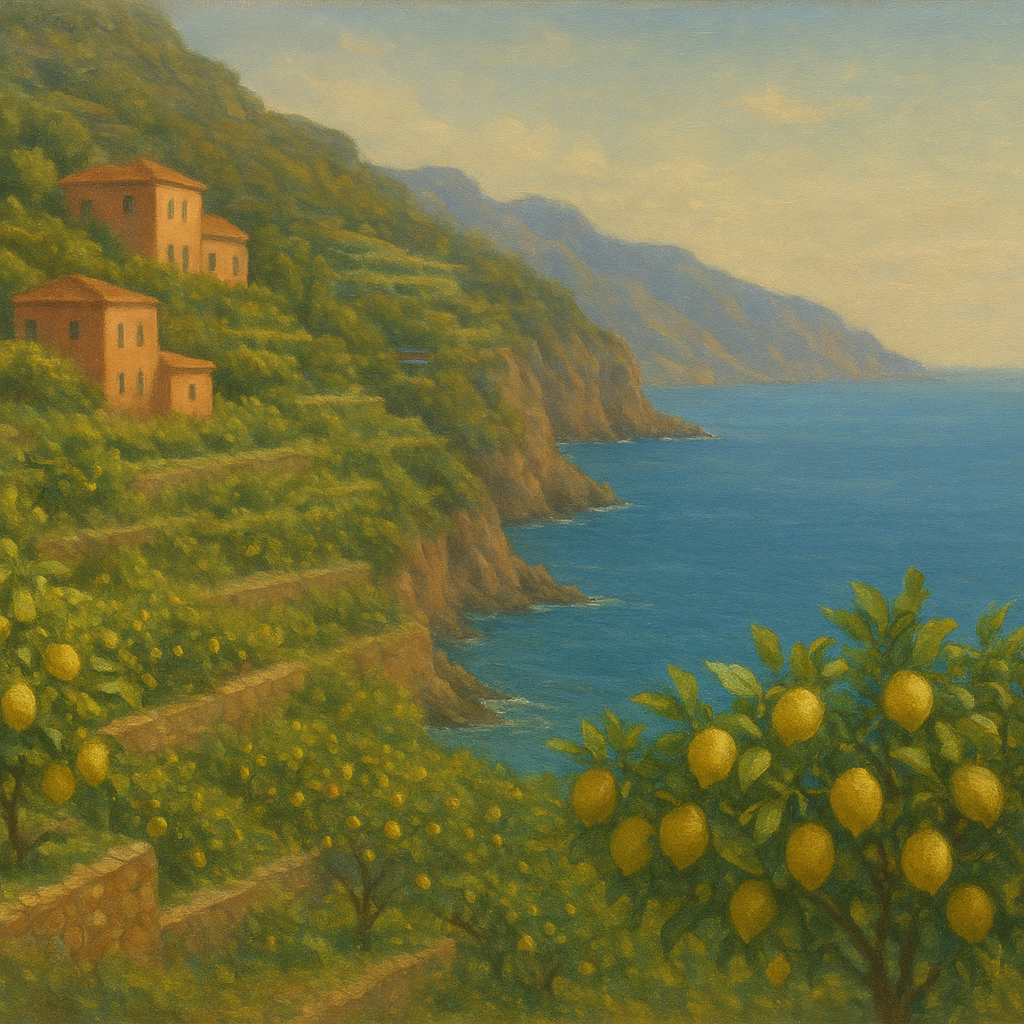 Italian Amalfi Coastline Terraces & Lemon Grove Oil Painting - View 1