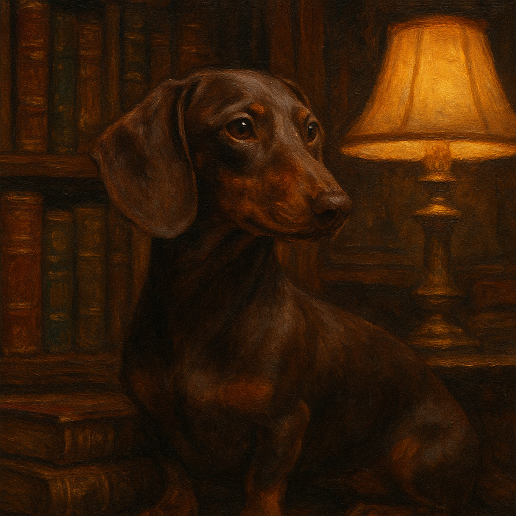 Smooth Dachshund in Moody Library Study No. 6 Fine Art Oil Painting - View 1