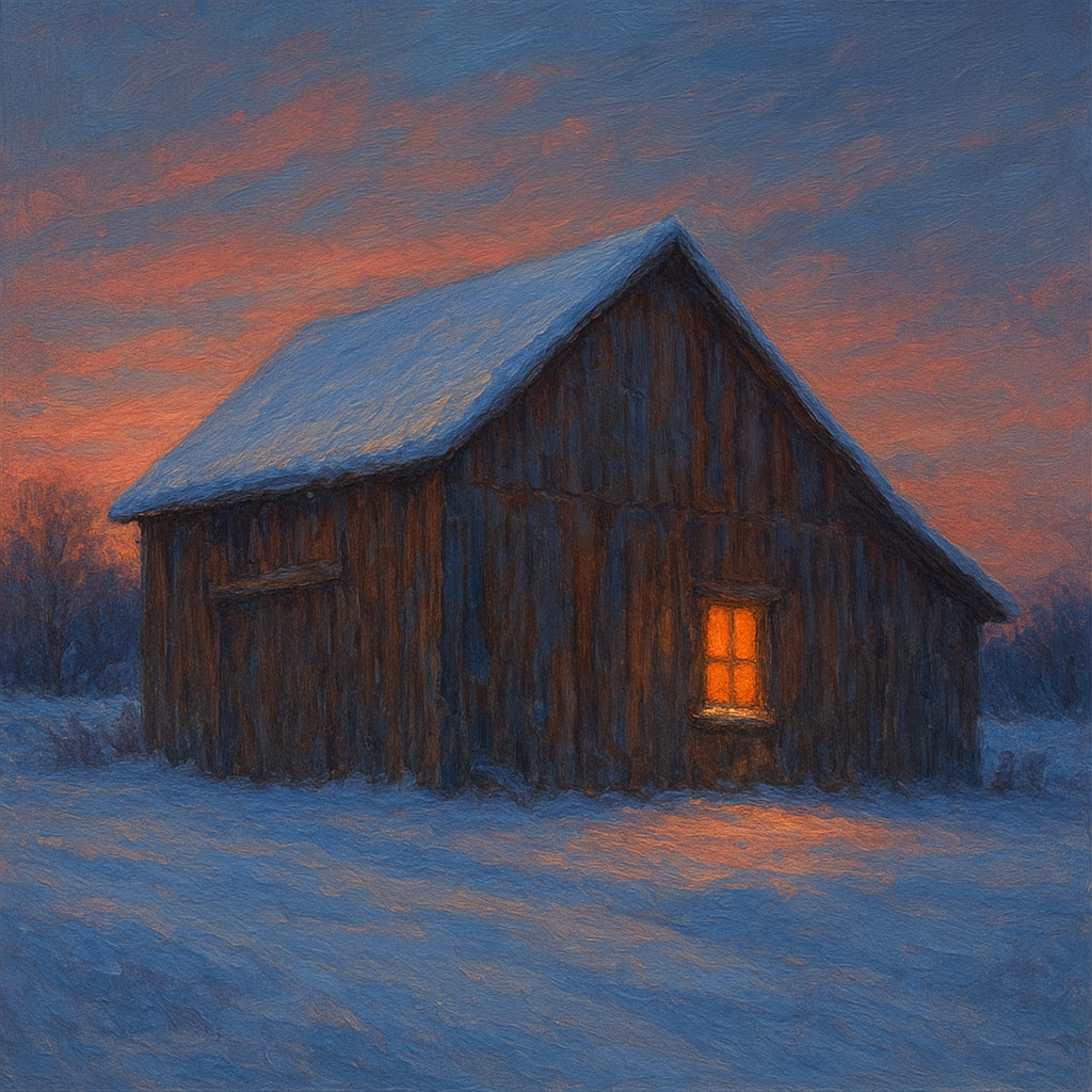 Rustic Wooden Barn in Quiet Winter Twilight No. 8 Fine Art Oil Painting - View 1