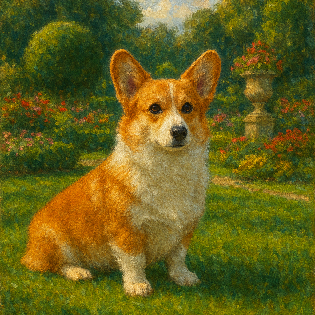 Pembroke Welsh Corgi in Royal English Garden No. 15 Fine Art Oil Painting - View 1