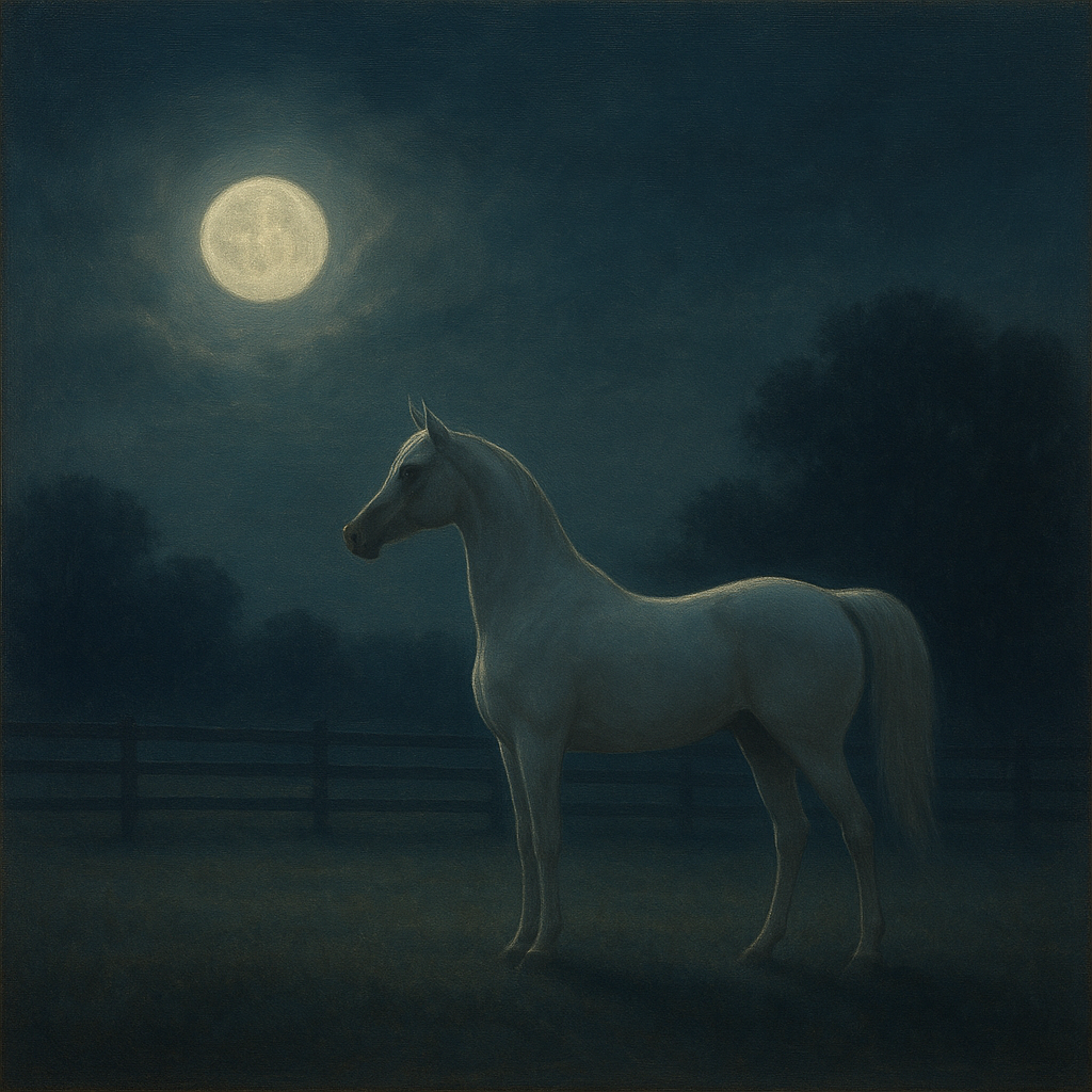 Moonlit Paddock with White Arabian Silhouette No. 7 Oil Painting - View 1