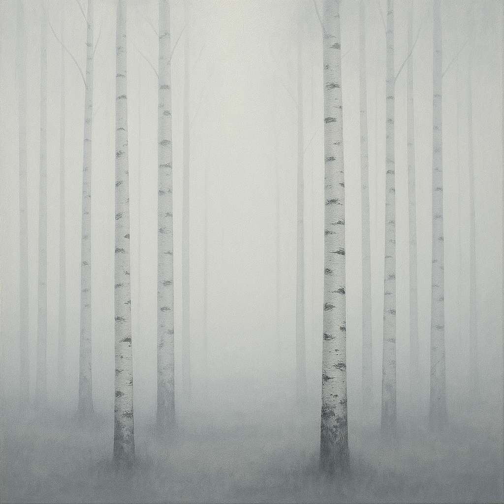 Pale Birch Woodland Silhouette in Whiteout No. 16 Oil Painting - View 1