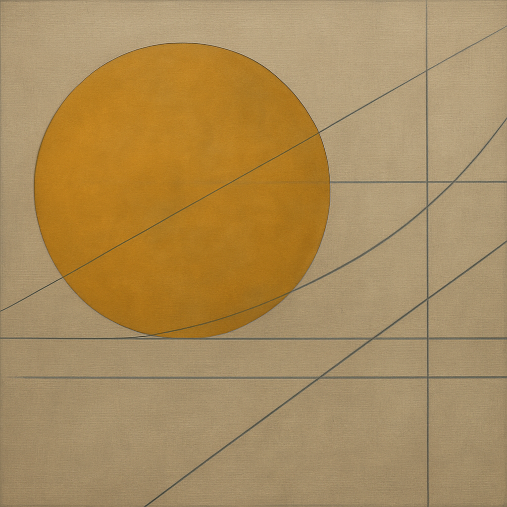 Abstract Tangent Lines & Earthy Ochre Disc No. 23 Oil Painting 100% Hand Painted Oil on Belgian Linen Canvas, Original Fine Art Wall Decor