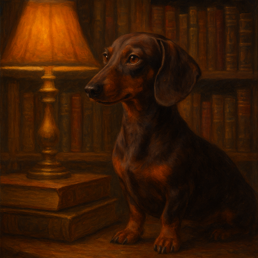 Smooth Dachshund in Moody Library Study No. 10 Fine Art Oil Painting - View 1