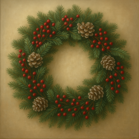Vintage Holiday Botanical Wreath & Berries Oil Painting 100% Hand Painted Oil on Belgian Linen Canvas, Original Fine Art Wall Decor