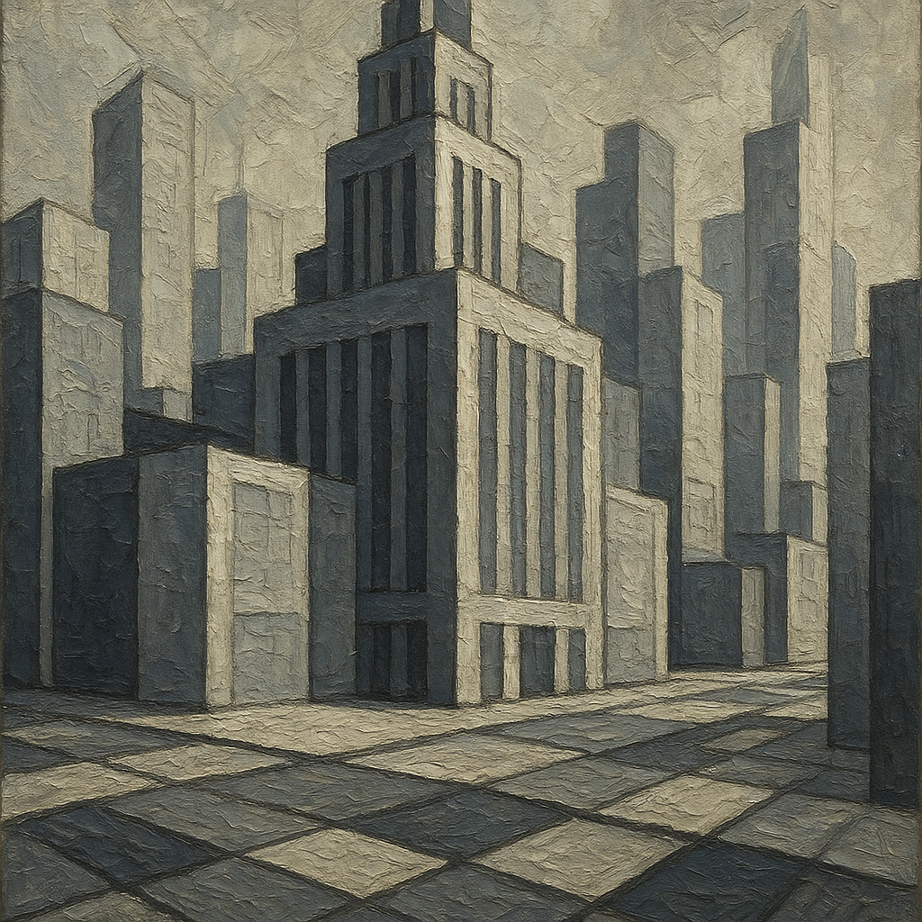 Metropolis Facade Modernist Geometric Oil Painting - View 1